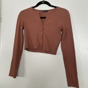 Zara Brown Front Button Crop Cardigan Small